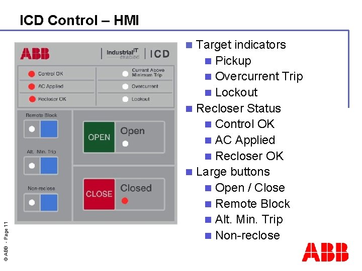 ICD Control – HMI Target indicators n Pickup n Overcurrent Trip n Lockout n