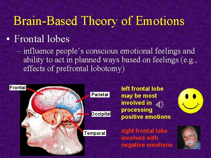 Brain-Based Theory of Emotions • Frontal lobes – influence people’s conscious emotional feelings and