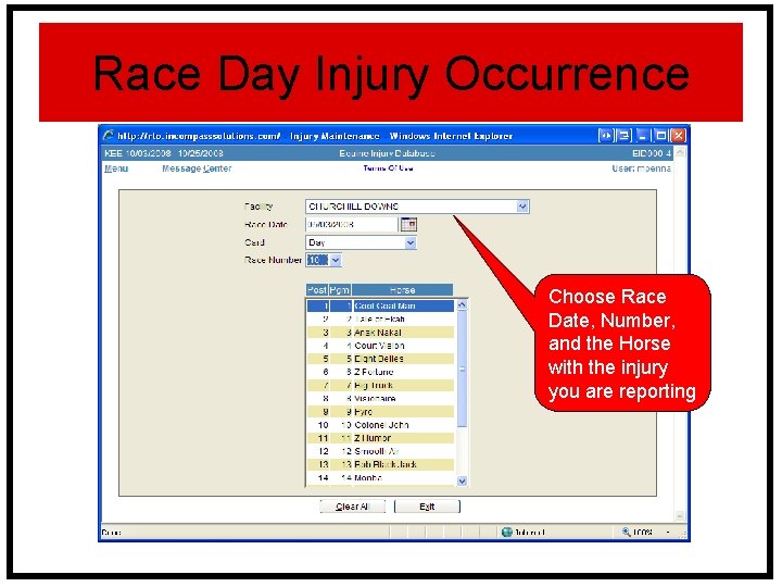 Race Day Injury Occurrence Choose Race Date, Number, and the Horse with the injury