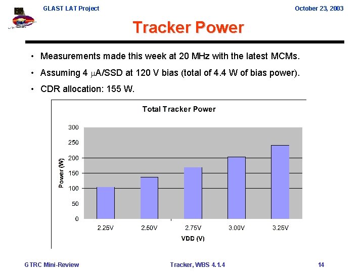 GLAST LAT Project October 23, 2003 Tracker Power • Measurements made this week at