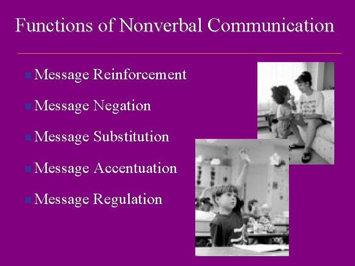 Functions of Nonverbal Communication n Message Reinforcement n Message Negation n Message Substitution n