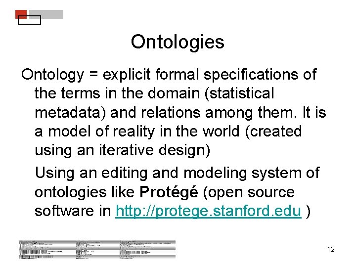 Ontologies Ontology = explicit formal specifications of the terms in the domain (statistical metadata)