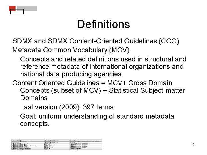 Definitions SDMX and SDMX Content-Oriented Guidelines (COG) Metadata Common Vocabulary (MCV) Concepts and related