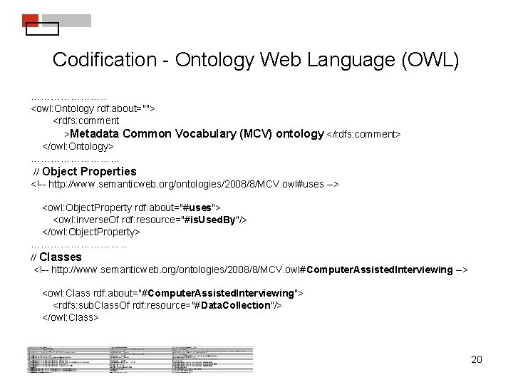 Codification - Ontology Web Language (OWL) …………………. . <owl: Ontology rdf: about=""> <rdfs: comment