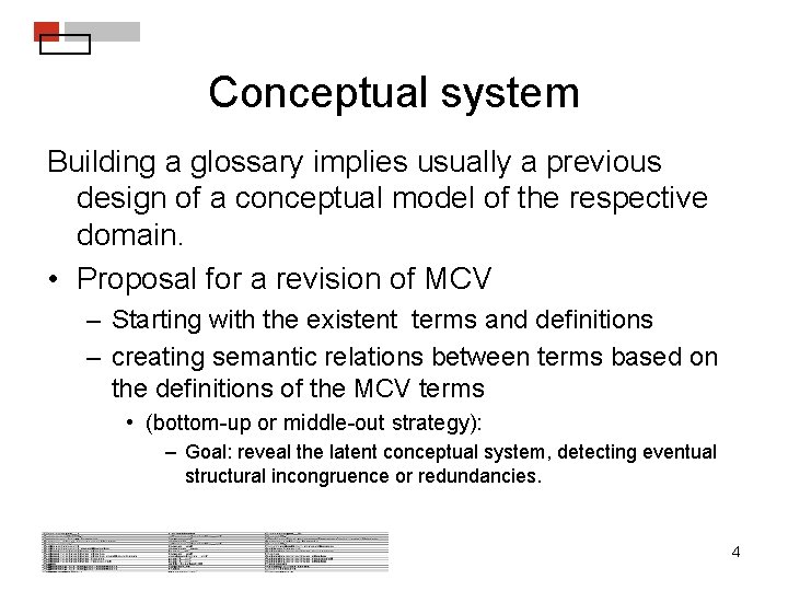 Conceptual system Building a glossary implies usually a previous design of a conceptual model