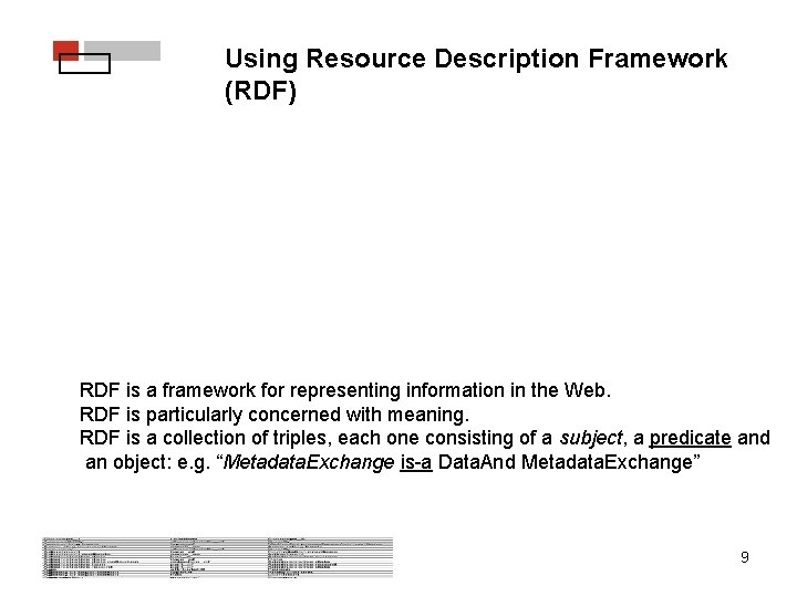 Using Resource Description Framework (RDF) RDF is a framework for representing information in the