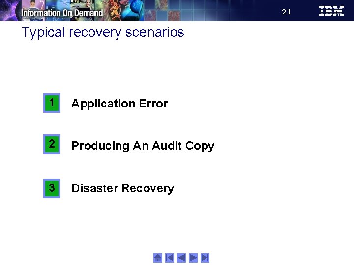 21 Typical recovery scenarios 1 Application Error 2 Producing An Audit Copy 3 Disaster