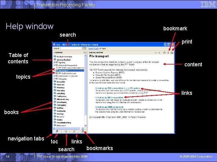 Transaction Processing Facility Help window bookmark search print Table of contents content topics links