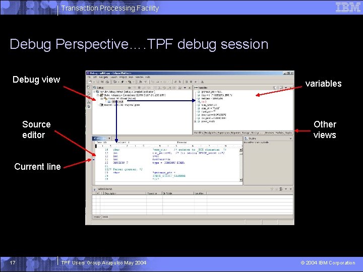 Transaction Processing Facility Debug Perspective…. TPF debug session Debug view variables Source editor Other