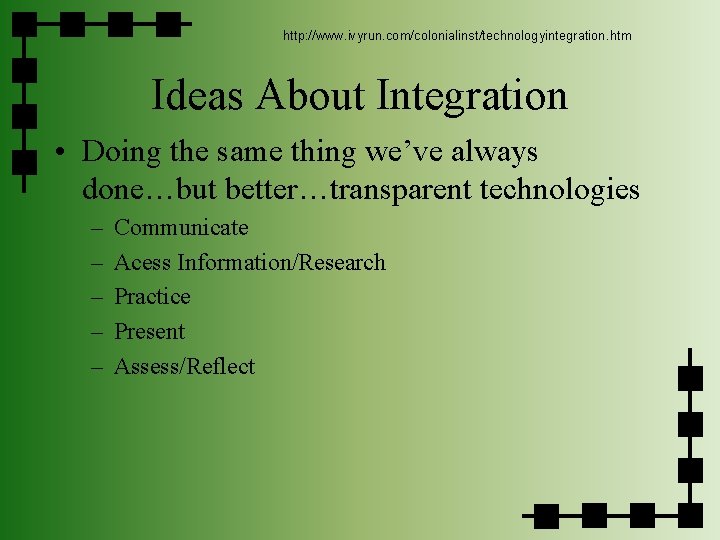 http: //www. ivyrun. com/colonialinst/technologyintegration. htm Ideas About Integration • Doing the same thing we’ve