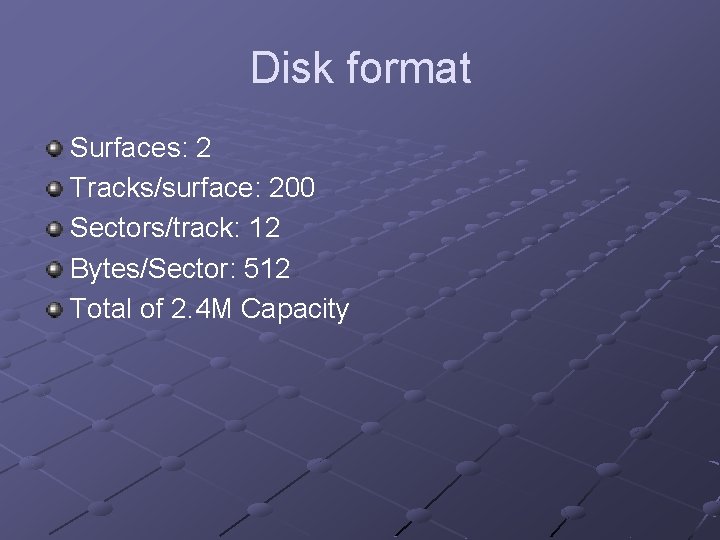 Disk format Surfaces: 2 Tracks/surface: 200 Sectors/track: 12 Bytes/Sector: 512 Total of 2. 4