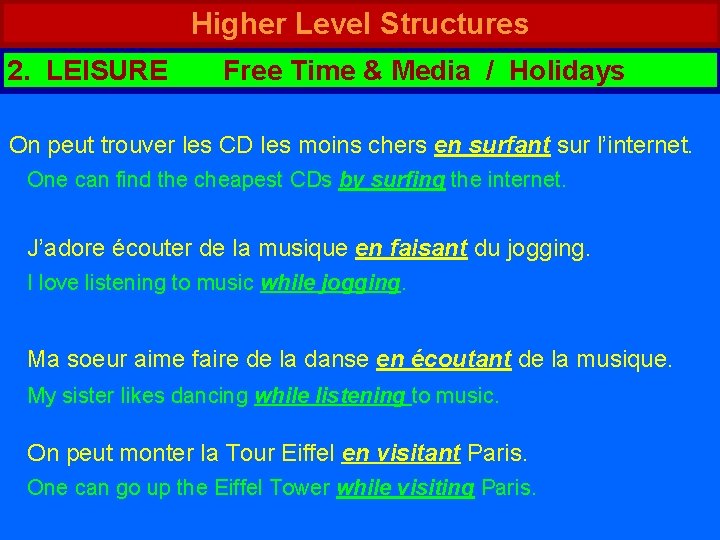 Higher Level Structures 2. LEISURE Free Time & Media / Holidays On peut trouver