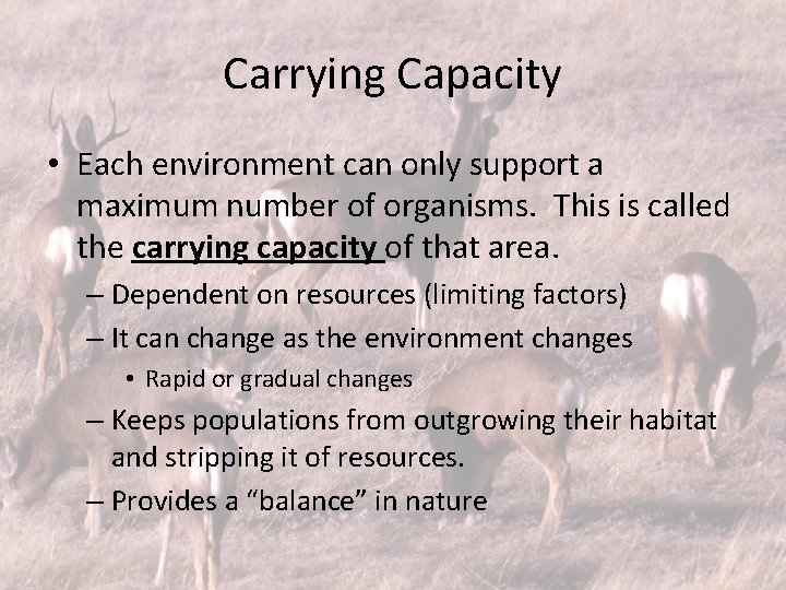 Carrying Capacity • Each environment can only support a maximum number of organisms. This
