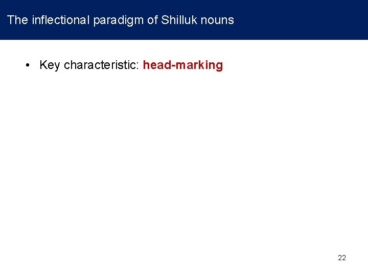  The inflectional paradigm of Shilluk nouns • Key characteristic: head-marking 22 