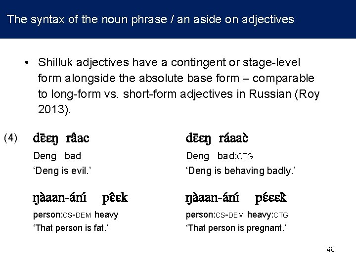  The syntax of the noun phrase / an aside on adjectives • Shilluk