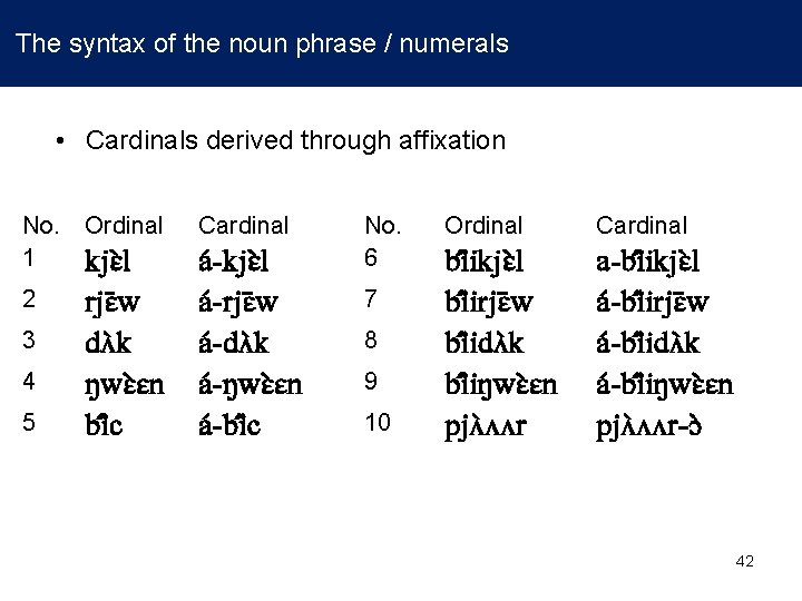  The syntax of the noun phrase / numerals • Cardinals derived through affixation