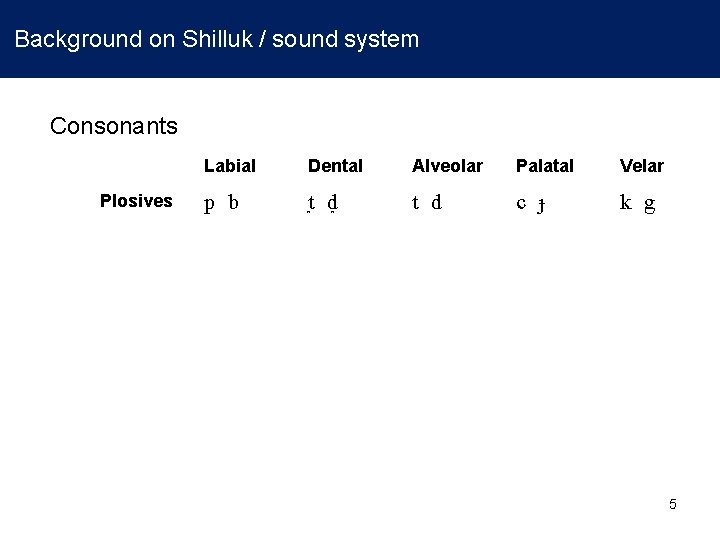  Background on Shilluk / sound system Consonants Plosives Labial Dental Alveolar Palatal Velar