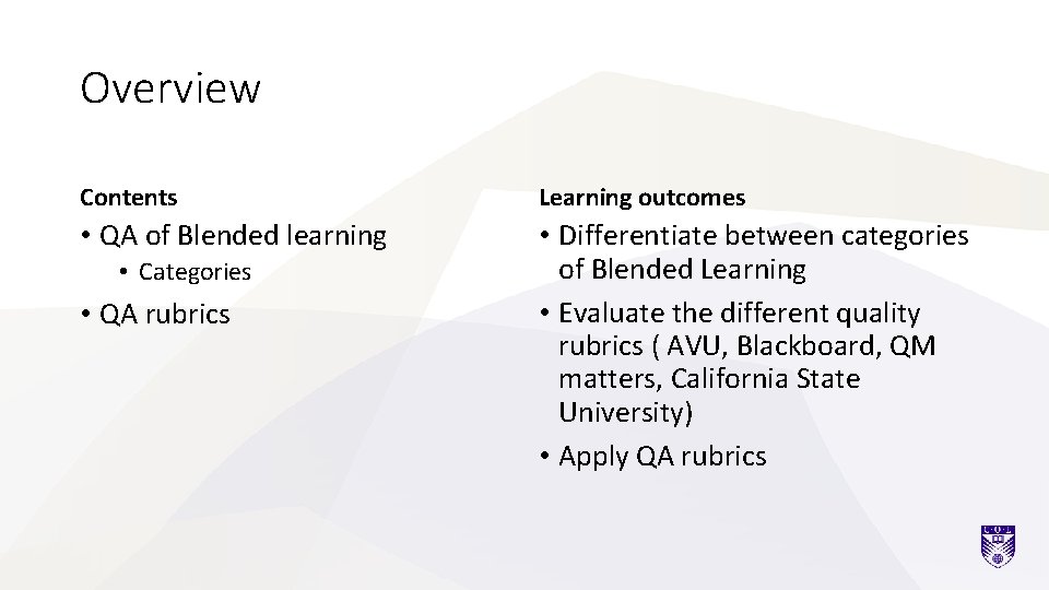 Overview Contents Learning outcomes • QA of Blended learning • Differentiate between categories of