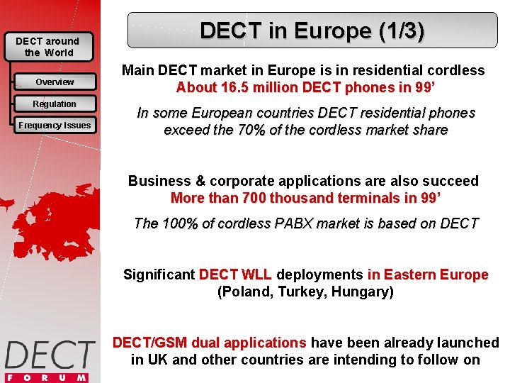 DECT around the World Overview Regulation Frequency Issues DECT in Europe (1/3) Main DECT