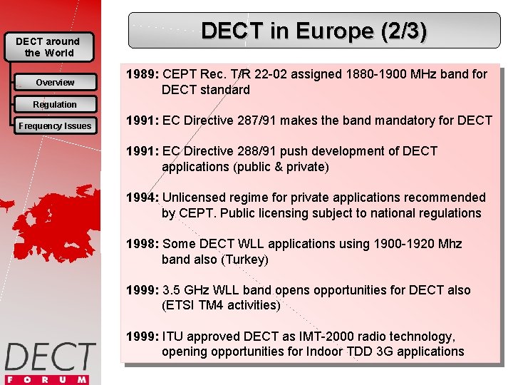 DECT around the World Overview DECT in Europe (2/3) 1989: CEPT Rec. T/R 22