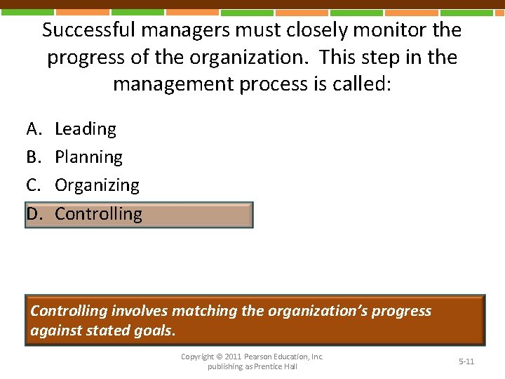 Successful managers must closely monitor the progress of the organization. This step in the