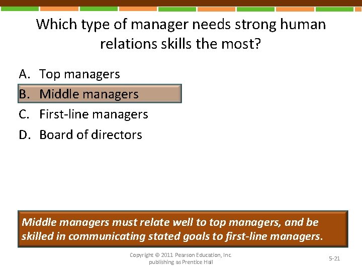 Which type of manager needs strong human relations skills the most? A. B. C.