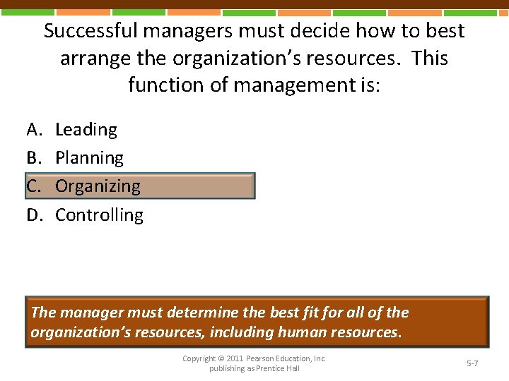 Successful managers must decide how to best arrange the organization’s resources. This function of