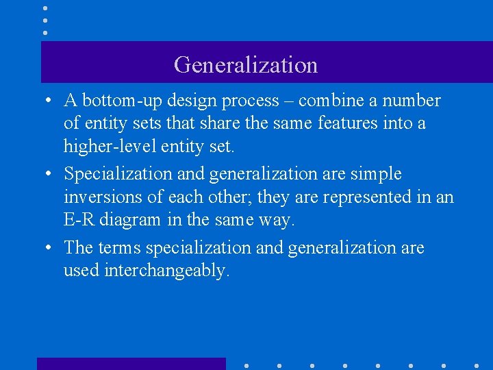 Generalization • A bottom-up design process – combine a number of entity sets that