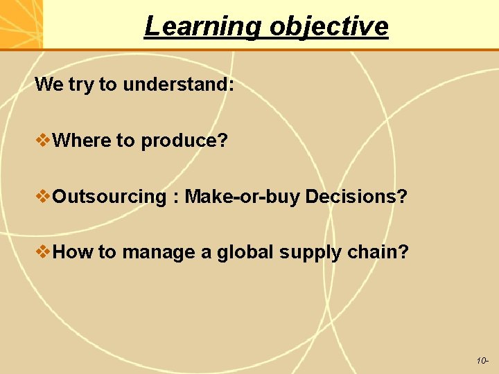 Learning objective We try to understand: v. Where to produce? v. Outsourcing : Make-or-buy