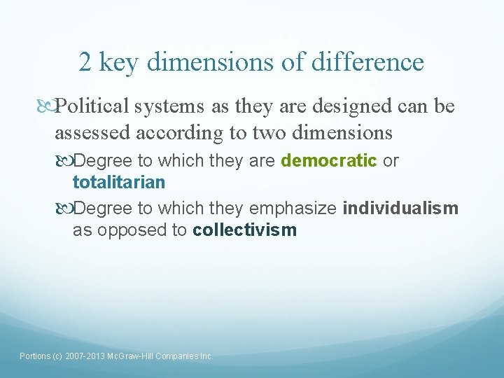 2 key dimensions of difference Political systems as they are designed can be assessed