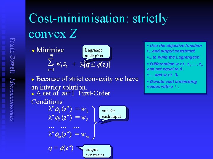 Frank Cowell: Microeconomics Cost-minimisation: strictly convex Z l Minimise Lagrange multiplier m S w