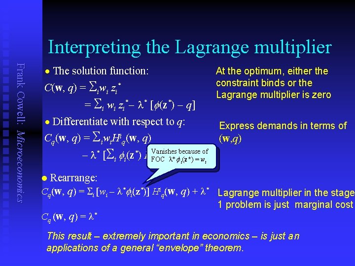Interpreting the Lagrange multiplier Frank Cowell: Microeconomics n The solution function: C(w, q) =