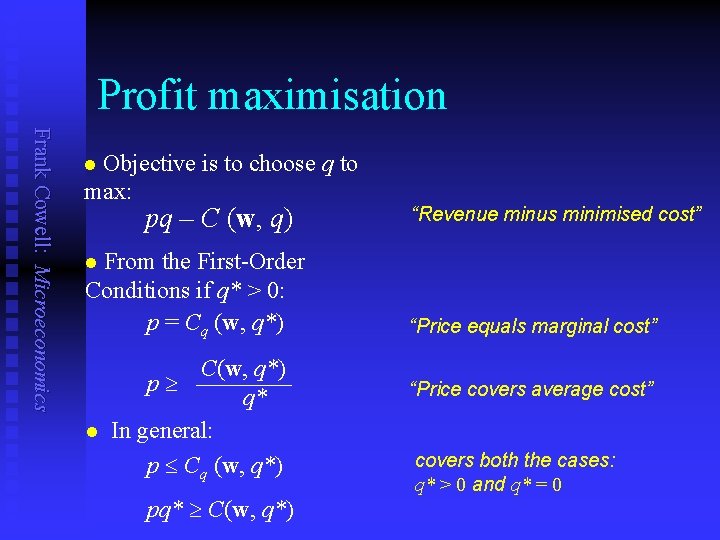 Profit maximisation Frank Cowell: Microeconomics Objective is to choose q to max: n pq