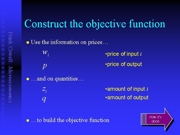 Construct the objective function Frank Cowell: Microeconomics n n Use the information on prices…