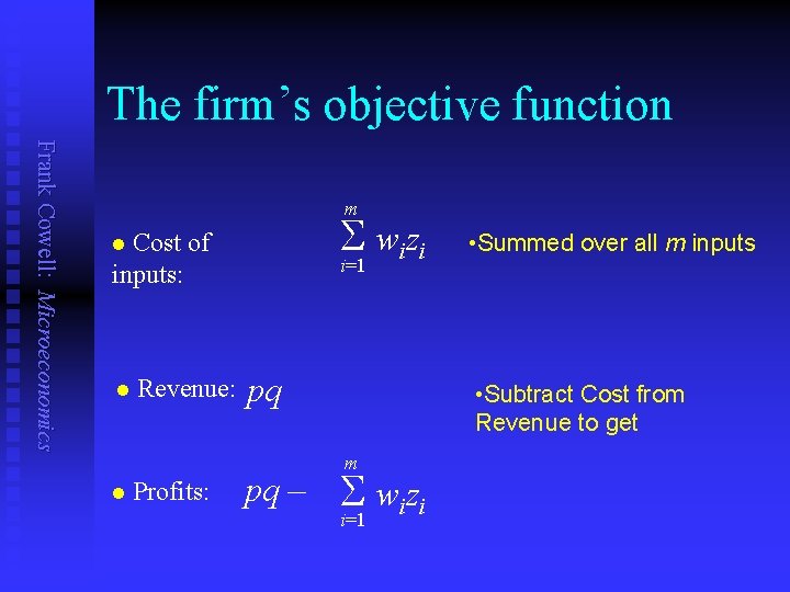 The firm’s objective function Frank Cowell: Microeconomics m S w i zi i=1 Cost