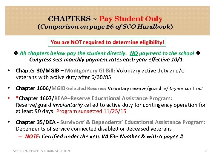 CHAPTERS ~ Pay Student Only (Comparison on page 26 of SCO Handbook) You are