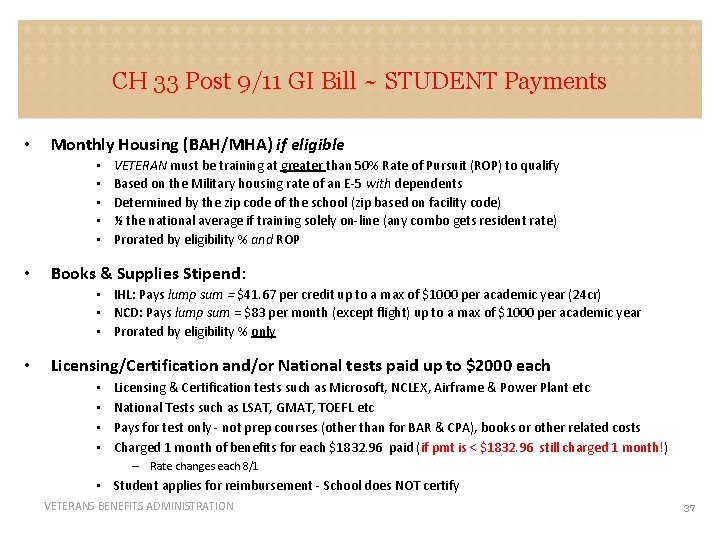 CH 33 Post 9/11 GI Bill ~ STUDENT Payments STUDENT • Monthly Housing (BAH/MHA)
