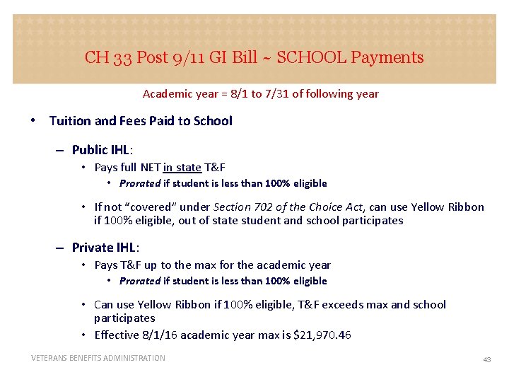 CH 33 Post 9/11 GI Bill ~ SCHOOL Payments SCHOOL Academic year = 8/1