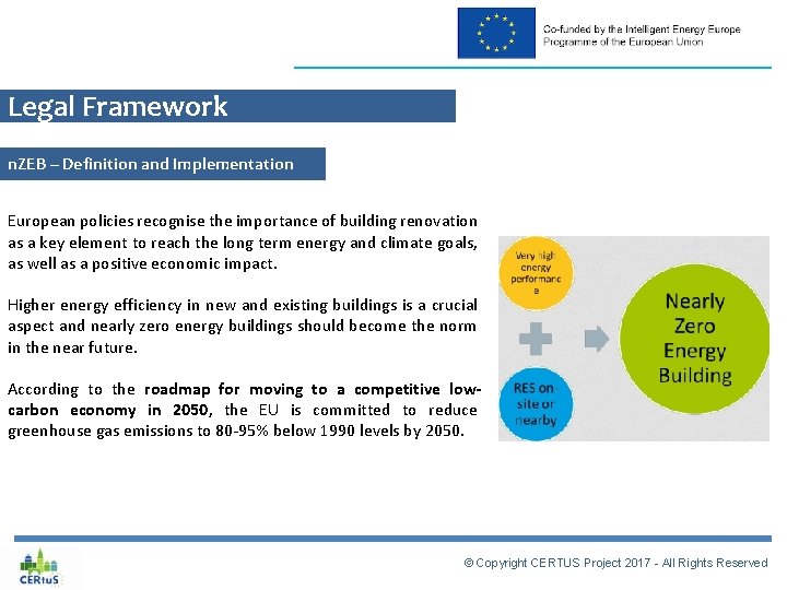Legal Framework n. ZEB – Definition and Implementation European policies recognise the importance of