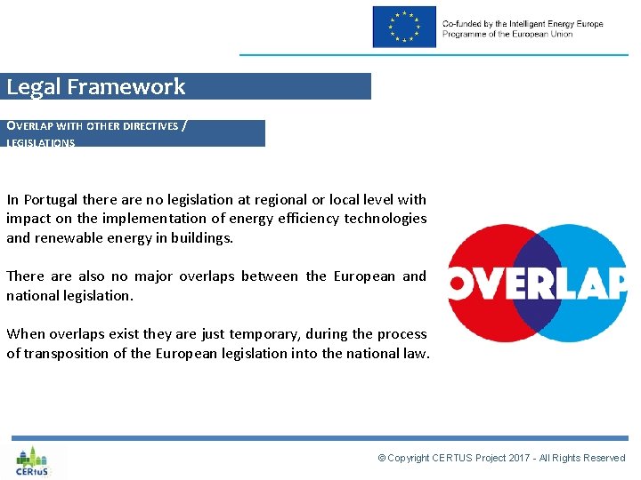 Legal Framework OVERLAP WITH OTHER DIRECTIVES / LEGISLATIONS In Portugal there are no legislation