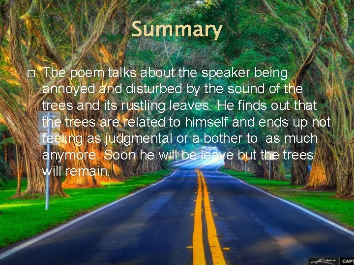 Summary � The poem talks about the speaker being annoyed and disturbed by the