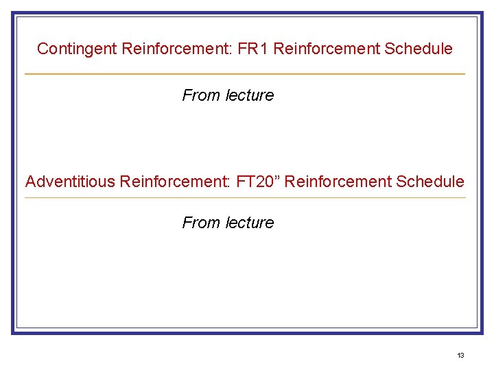 Contingent Reinforcement: FR 1 Reinforcement Schedule From lecture Adventitious Reinforcement: FT 20” Reinforcement Schedule