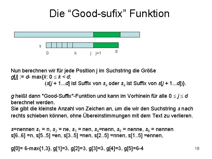 Die “Good-sufix” Funktion s 0 k j j+1 d Nun berechnen wir für jede