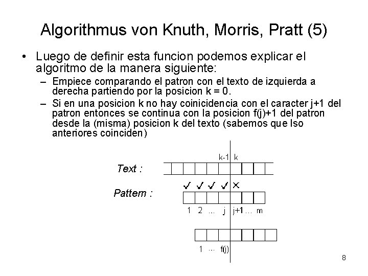 Algorithmus von Knuth, Morris, Pratt (5) • Luego de definir esta funcion podemos explicar