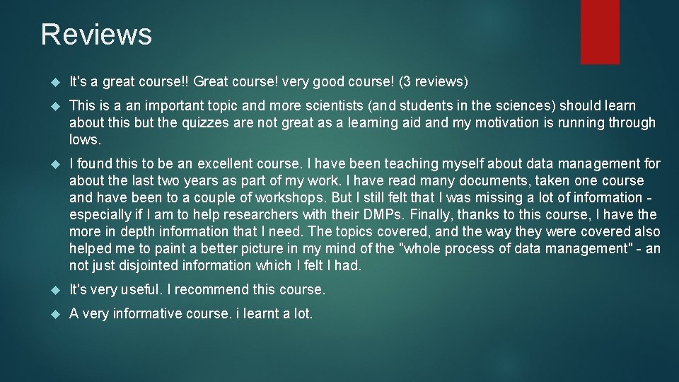 Reviews It's a great course!! Great course! very good course! (3 reviews) This is