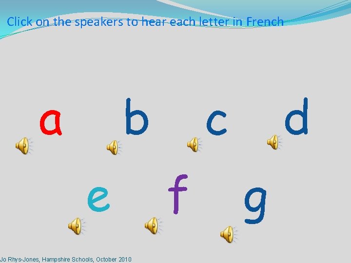 Click on the speakers to hear each letter in French a b e Jo