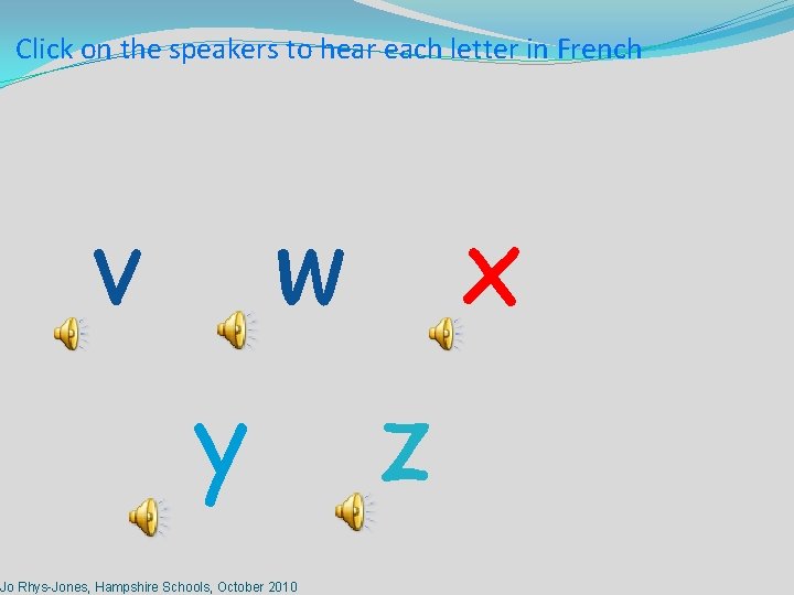 Click on the speakers to hear each letter in French v w y Jo