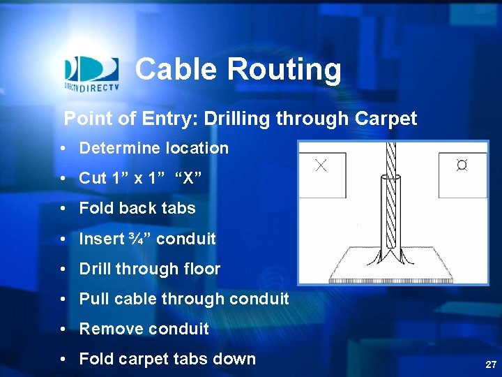 Cable Routing Point of Entry: Drilling through Carpet • Determine location • Cut 1”