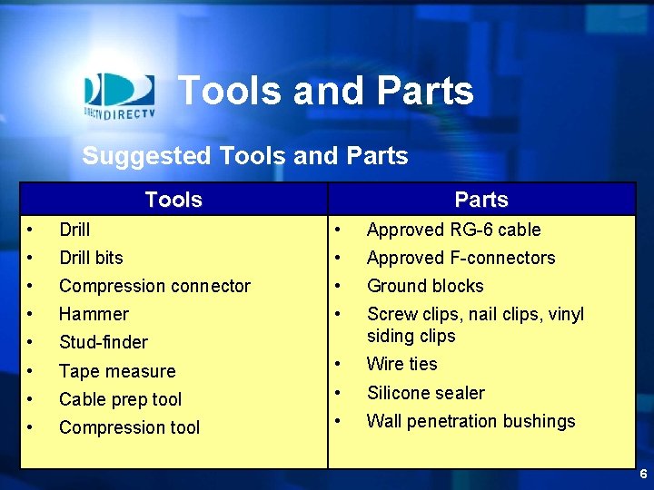 Tools and Parts Suggested Tools and Parts Tools Parts • Drill • Approved RG-6