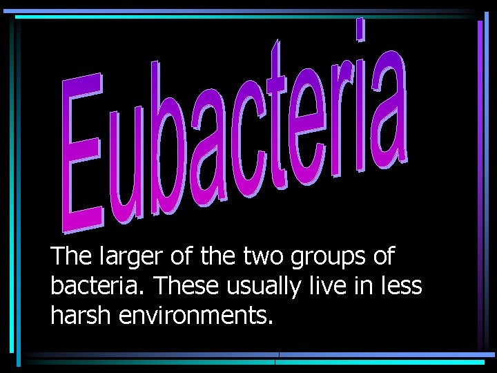 The larger of the two groups of bacteria. These usually live in less harsh